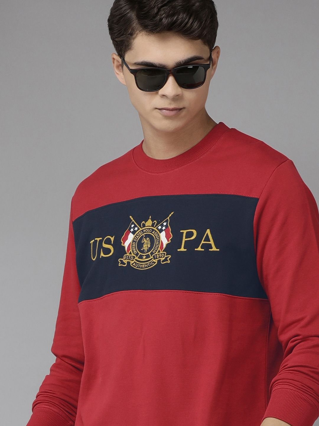Myntra - U S Polo Assn Men Red Brand Logo Printed Colourblocked Pure Cotton Sweatshirt