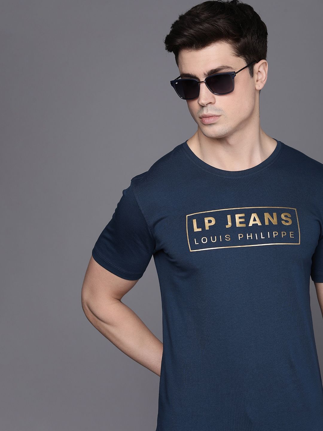 Myntra - Louis Philippe Jeans Brand Logo Pure Cotton Applique Slim Fit T-shirt