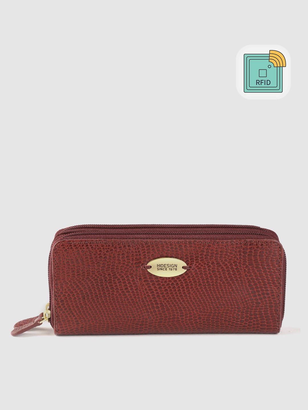 Tatacliq - Hidesign Women Maroon Reptile Textured Leather Handcrafted Zip Around Wallet with RFID Price