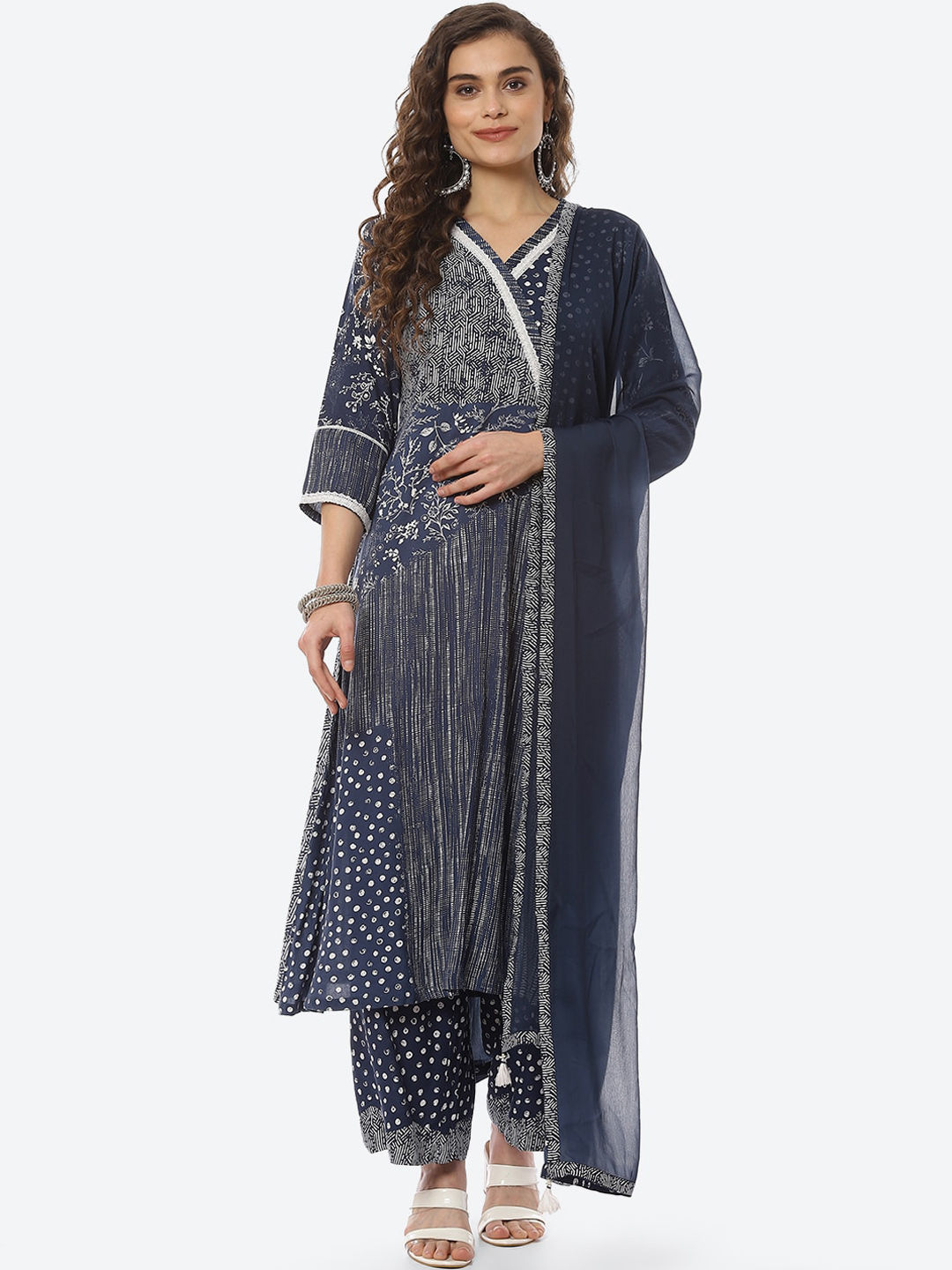 Myntra - Biba Women Navy Blue Ethnic Motifs Printed Kurta with Trousers & Dupatta Price