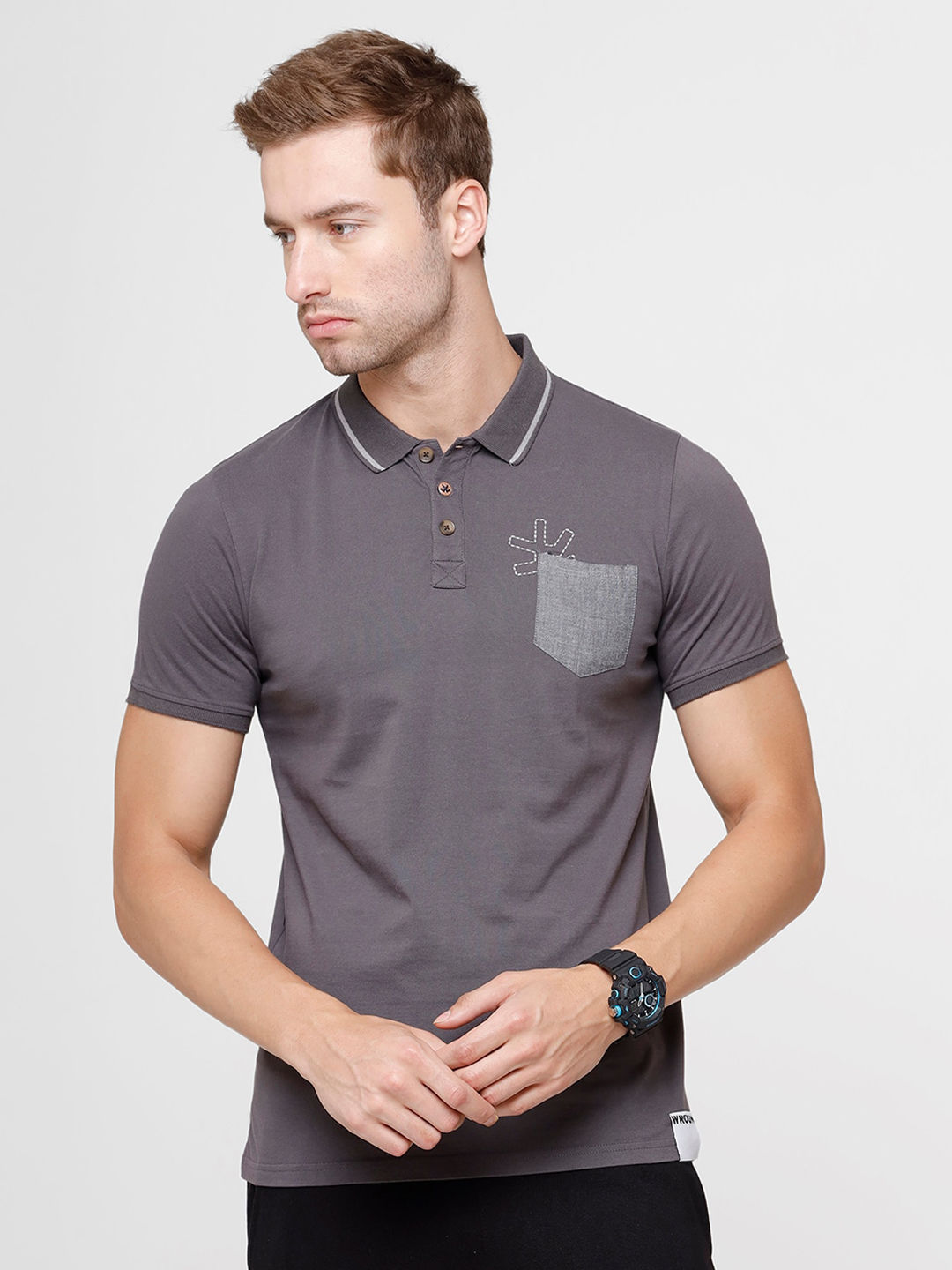 Myntra - WROGN Men Charcoal Polo Collar Slim Fit Pure Cotton T-shirt Price