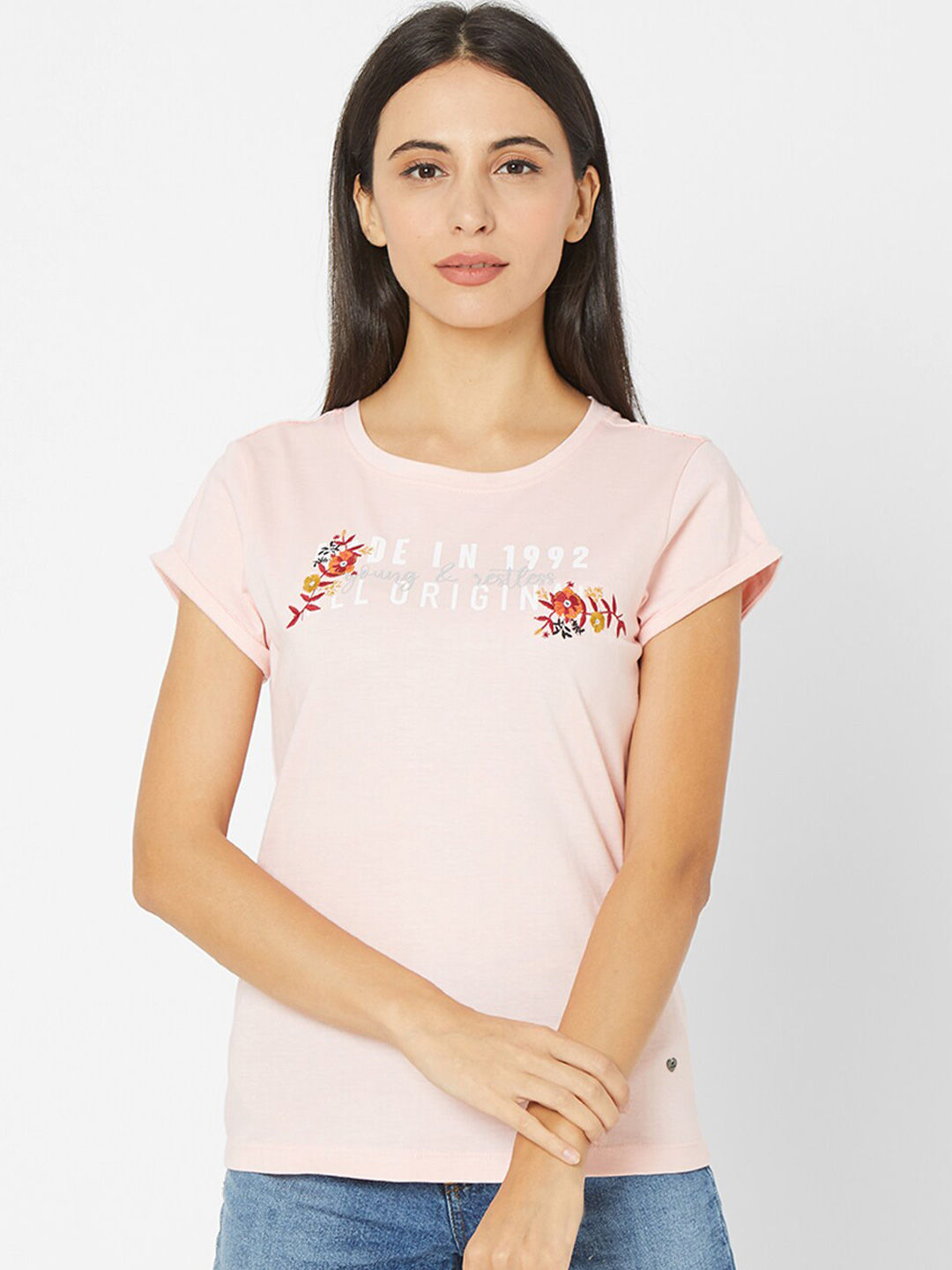 Flipkart - SPYKAR Women Pink Slim Fit Embroidered T-shirt Price