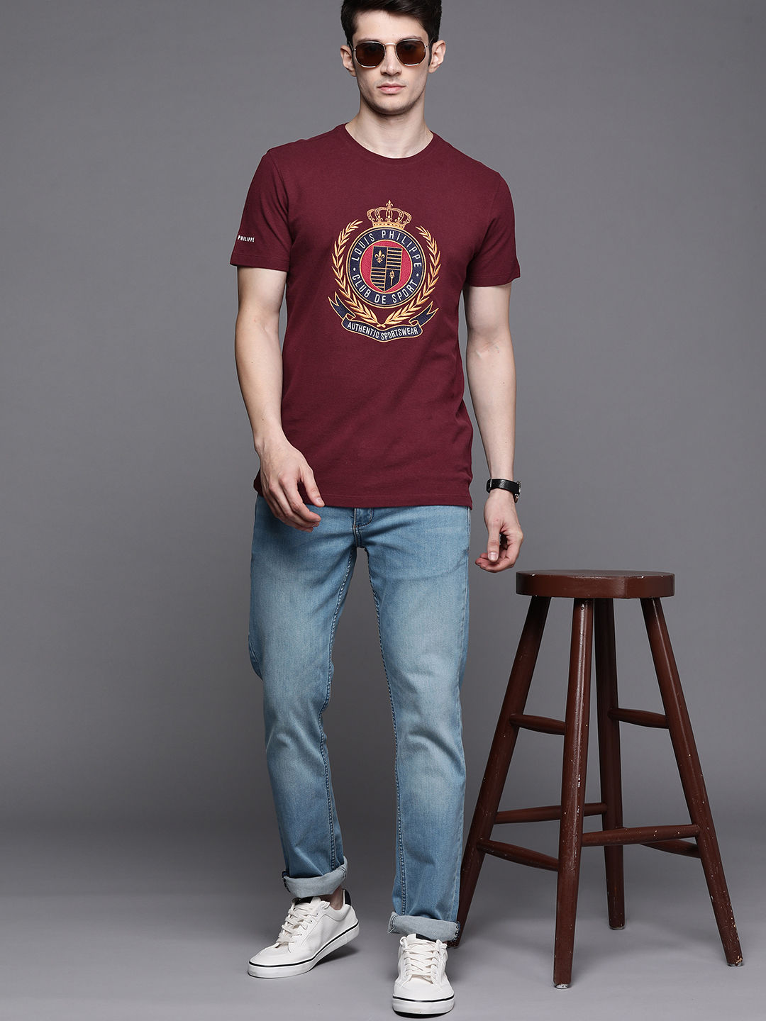 Myntra - Louis Philippe Sport Men Maroon Brand Logo Printed Pure Cotton T-shirt Price