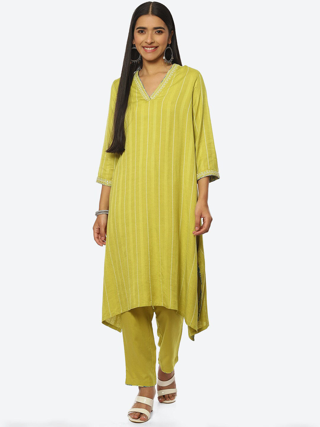 Myntra - Biba Striped Thread Work Kurta with Trousers Price