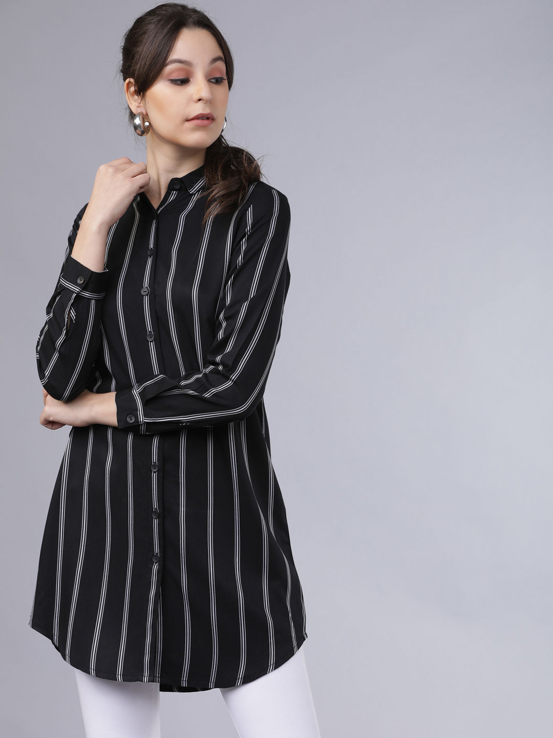 Myntra - Tokyo Talkies Women Black & White Regular Fit Striped Casual Shirt Price