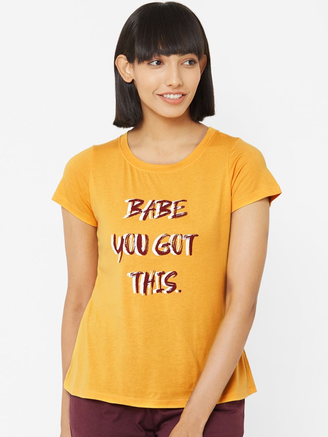 Myntra - Soie Women Mustard Yellow Printed Lounge T-Shirt