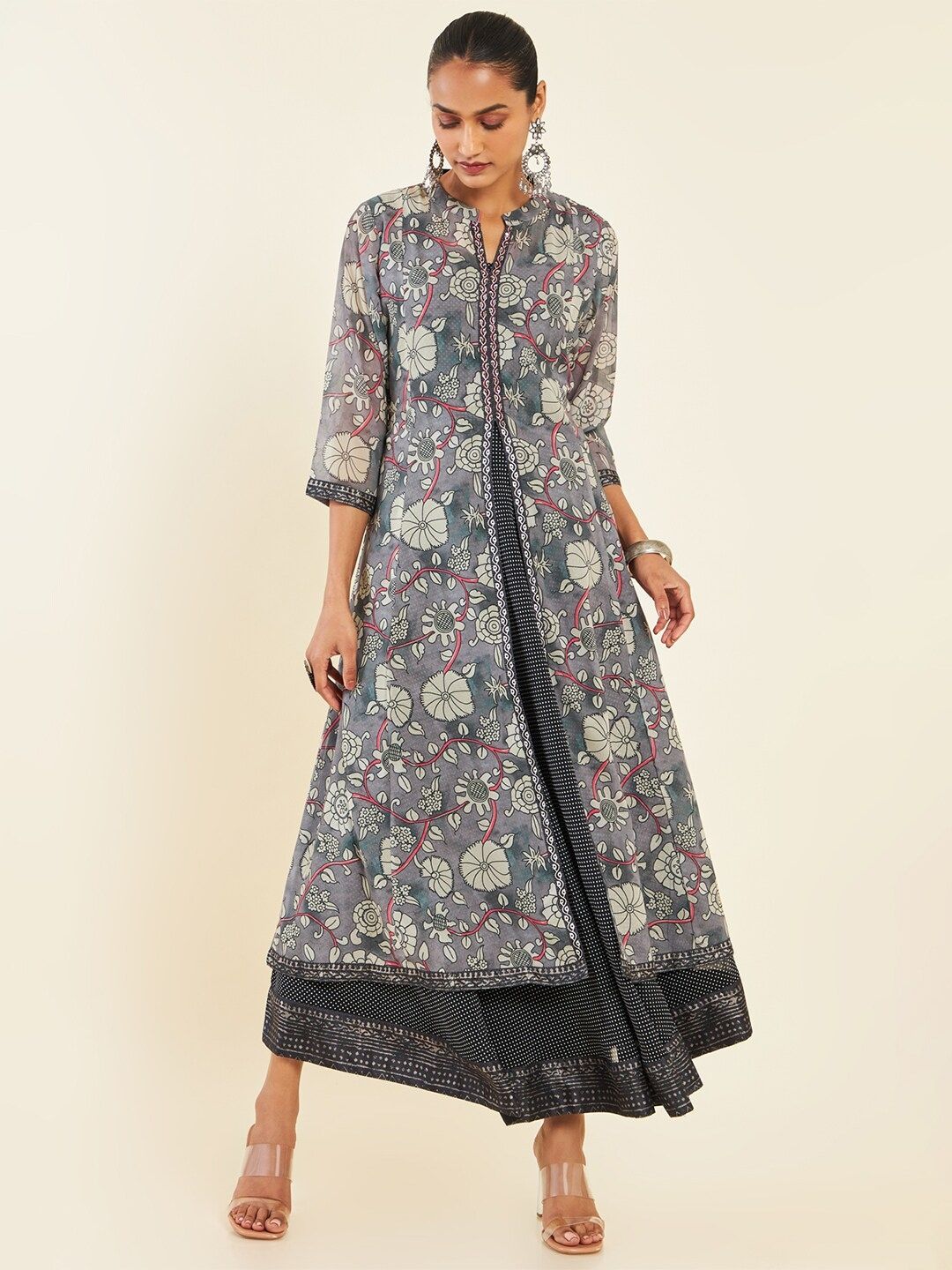 Myntra - Soch Grey Ethnic Motifs Printed Mandarin Collar Georgette Maxi Ethnic Dress