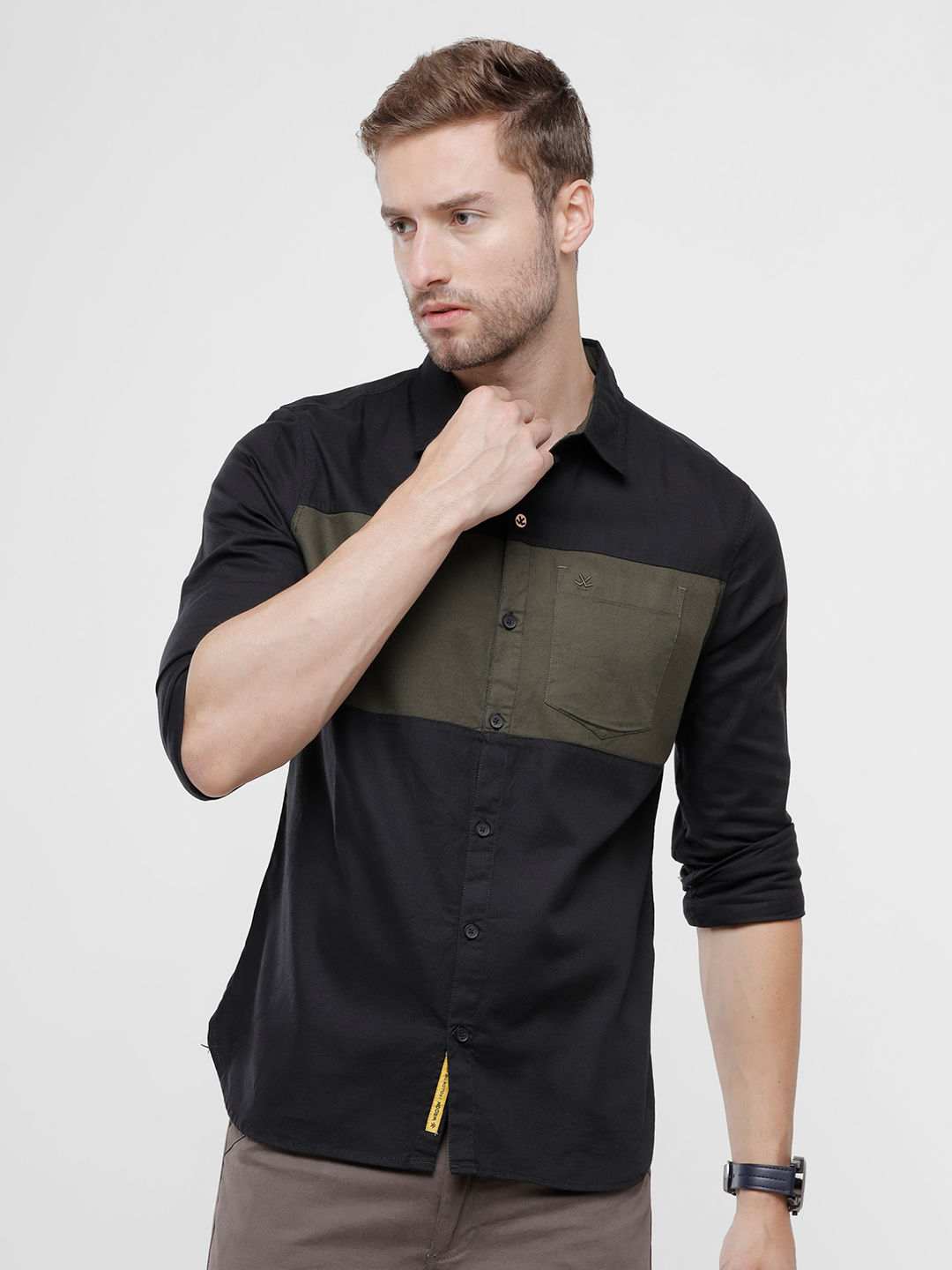 Myntra - WROGN Men Black Slim Fit Colourblocked Cotton Casual Shirt Price