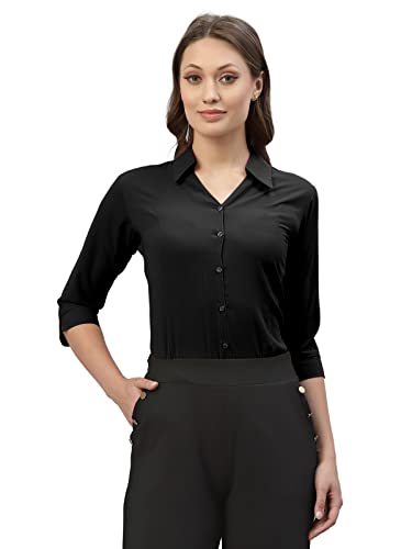 Amazon - Selvia Women’s Cuff Sleeve Polyester Viscose Blend Collared Formal Shirt(329TK253N-S_Black)