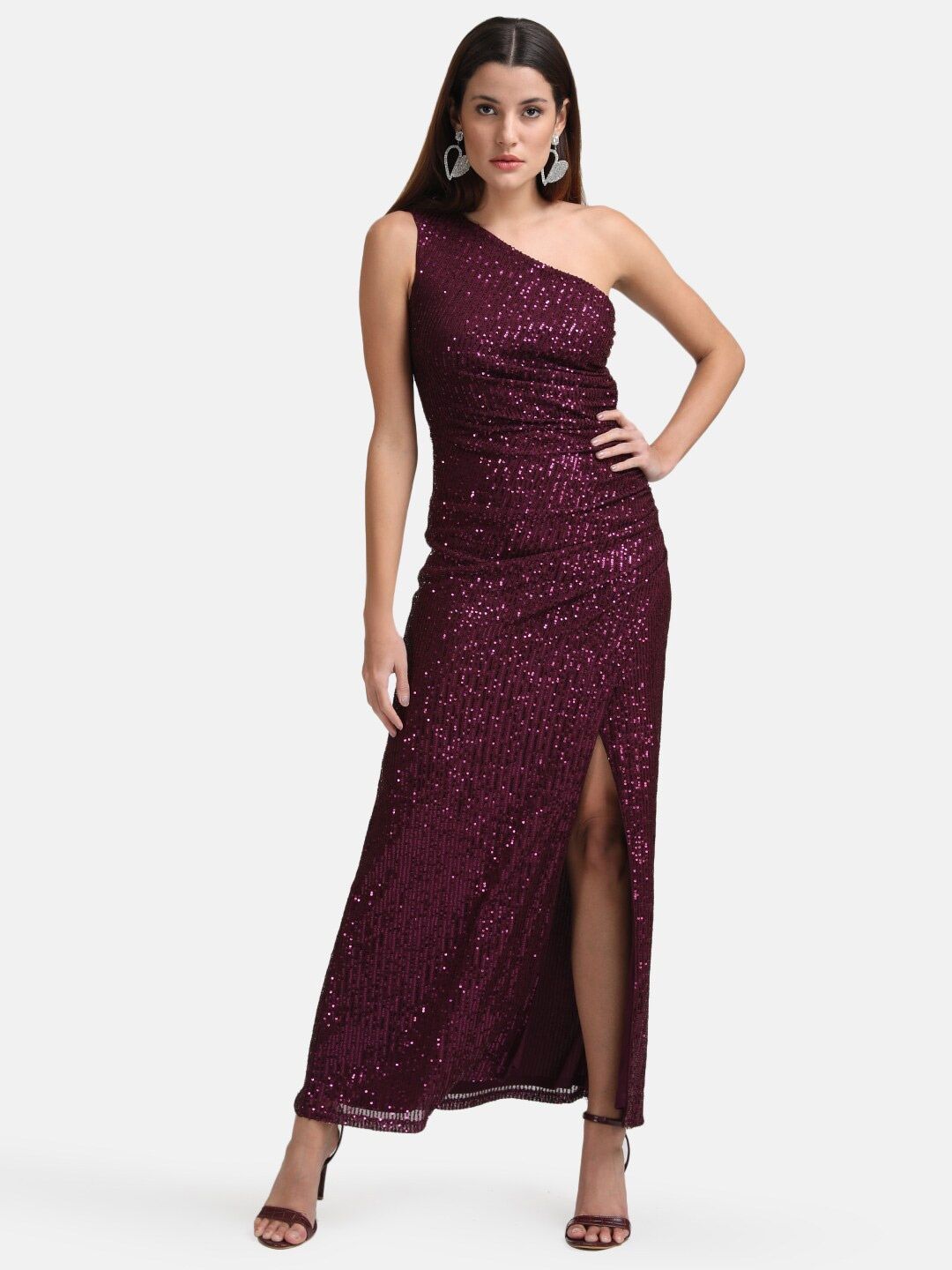 Ajio - Kazo Burgundy Embellished One Shoulder Maxi Dress