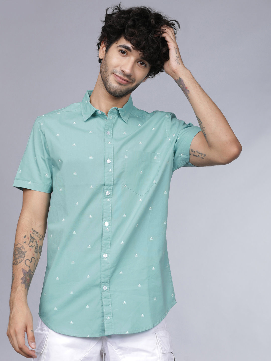 Myntra - HIGHLANDER Men Sea Green & White Slim Fit Printed Casual Shirt Price