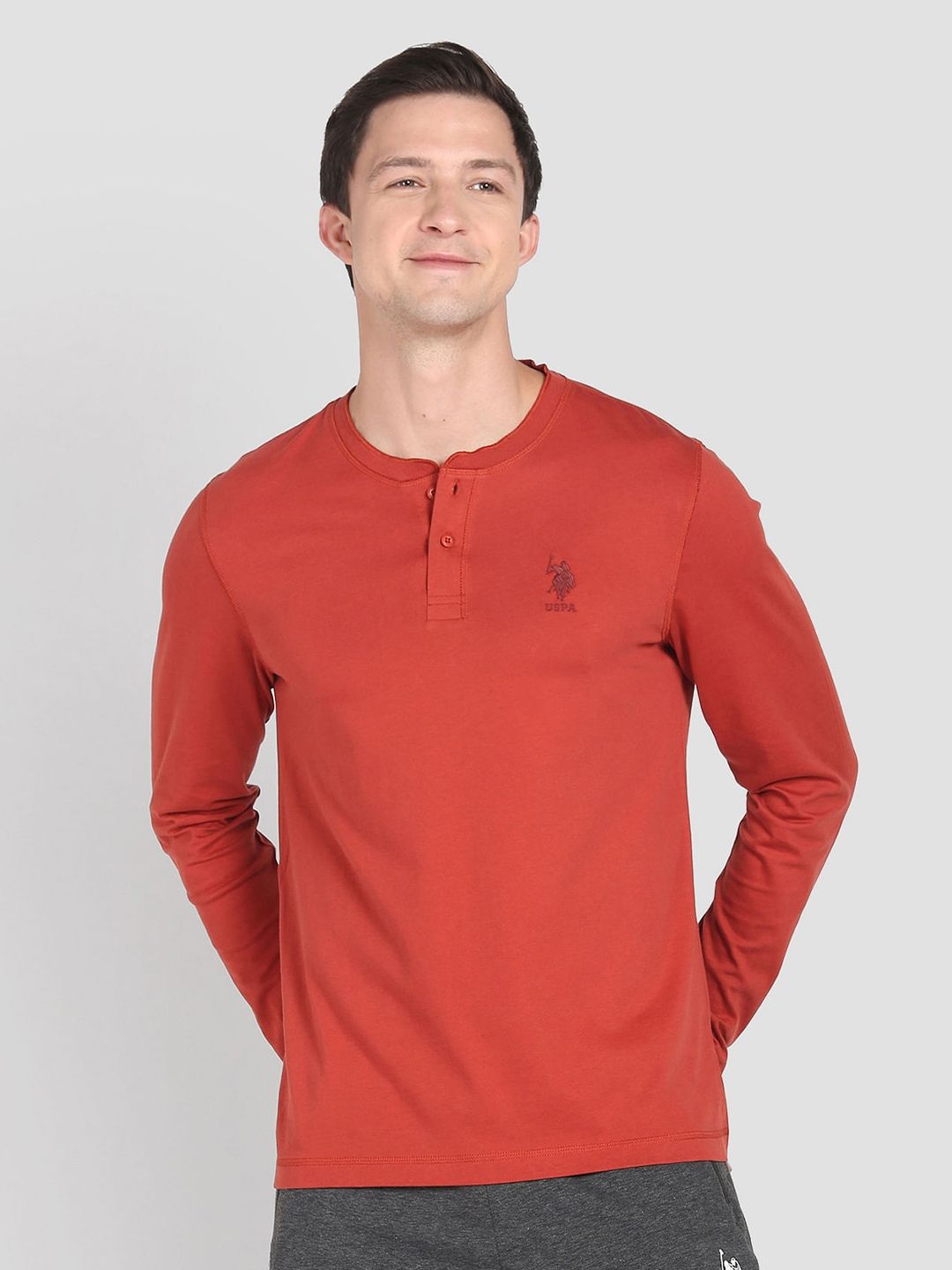 Myntra - U.S. Polo Assn. Henley Neck Long Sleeves Pure Cotton Lounge T-shirt