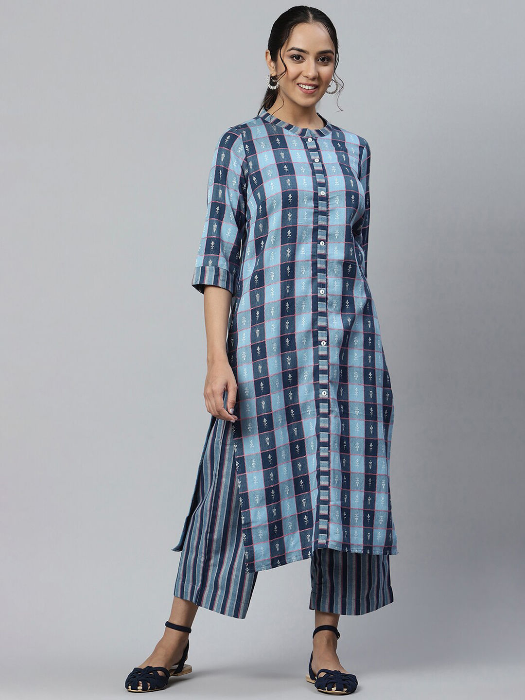 NykaaFashion - AURELIA Women Blue Printed Chanderi Cotton Kurta Set Price