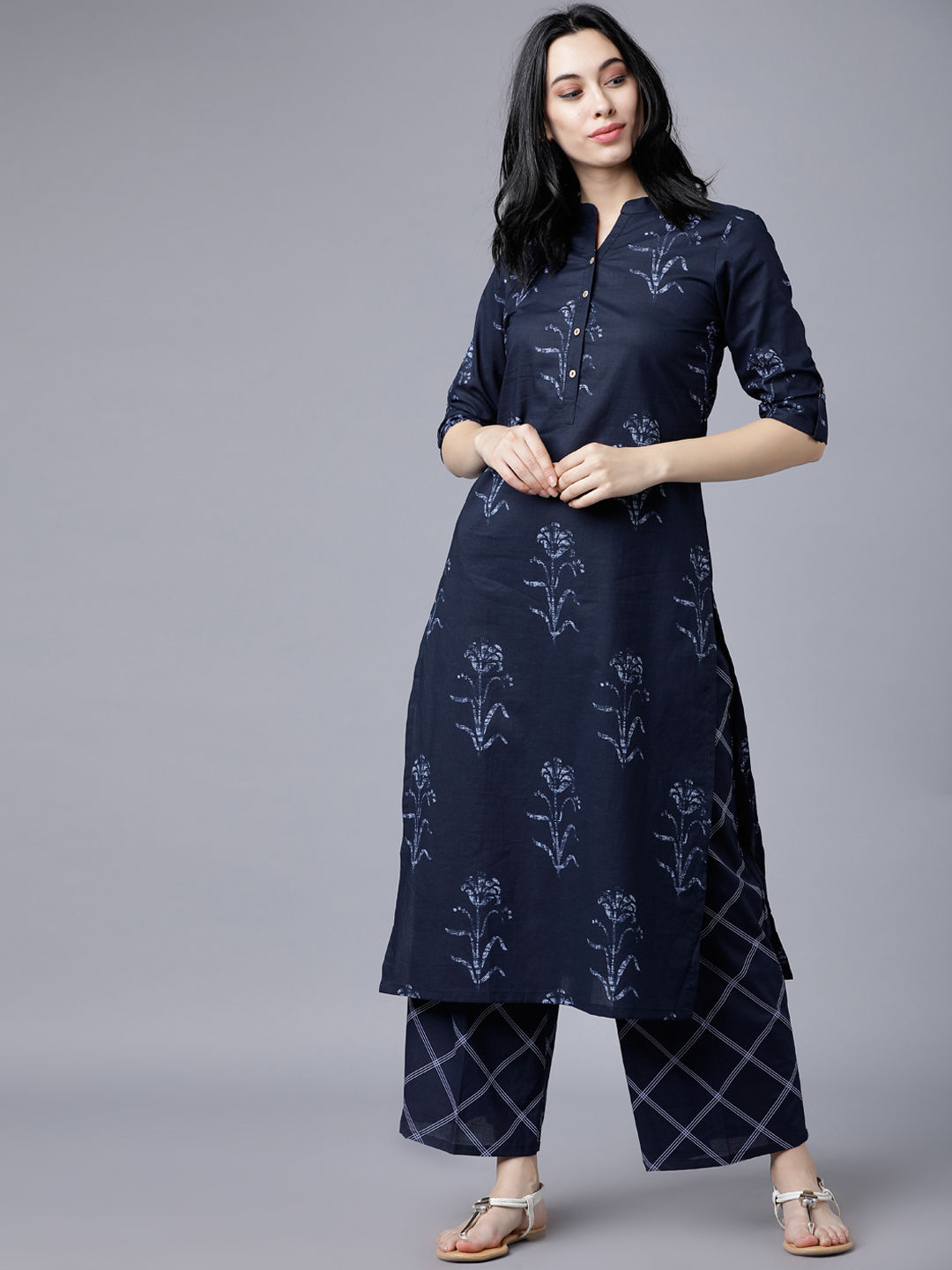 Flipkart - Vishudh Women Navy Blue Floral Printed Regular Pure Cotton Kurta with Palazzos Price