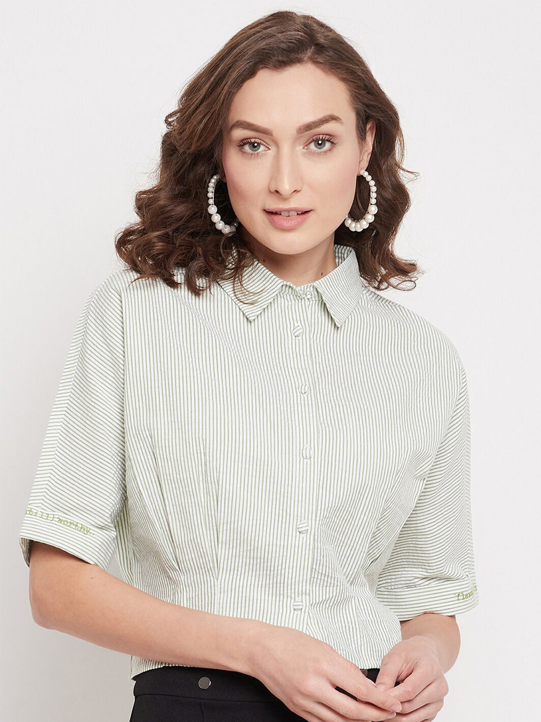 Myntra - Madame Women Green Striped Casual Shirt Price