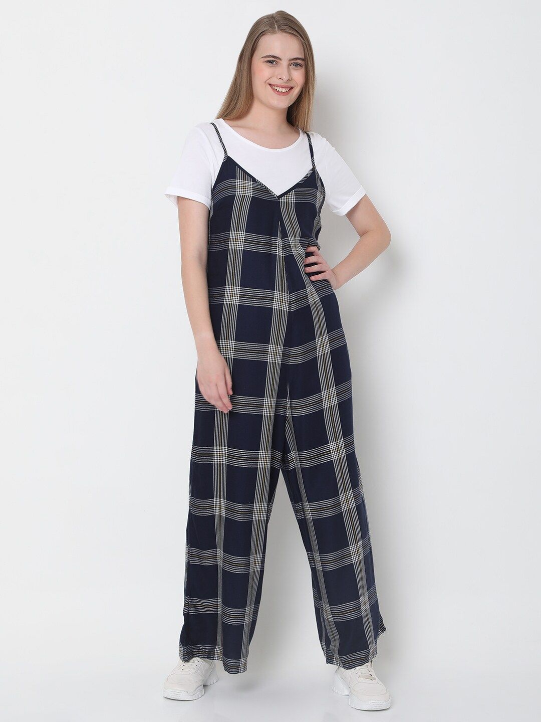 Myntra - Vero Moda Blue & White Checked Basic Jumpsuit Price