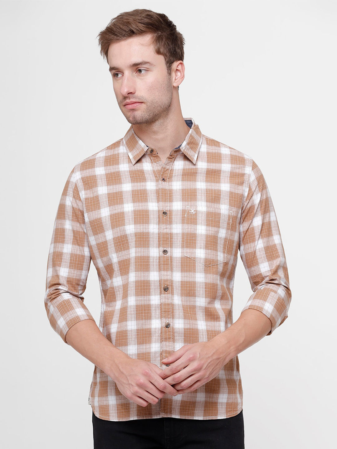 Flipkart - WROGN Men Brown & White Slim Fit Checked Casual Shirt Price