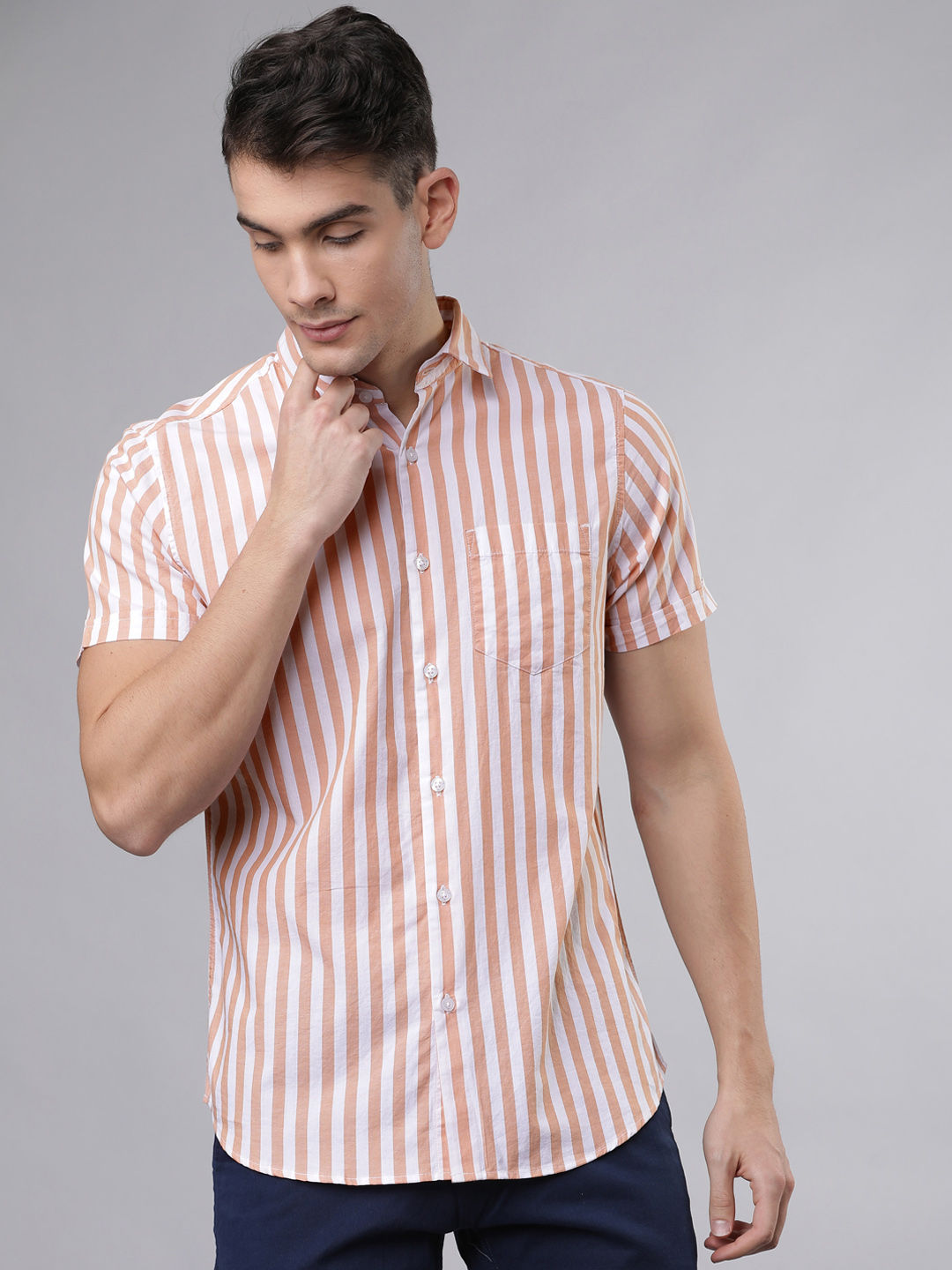 Myntra - HIGHLANDER Men Orange & White Slim Fit Striped Casual Shirt Price