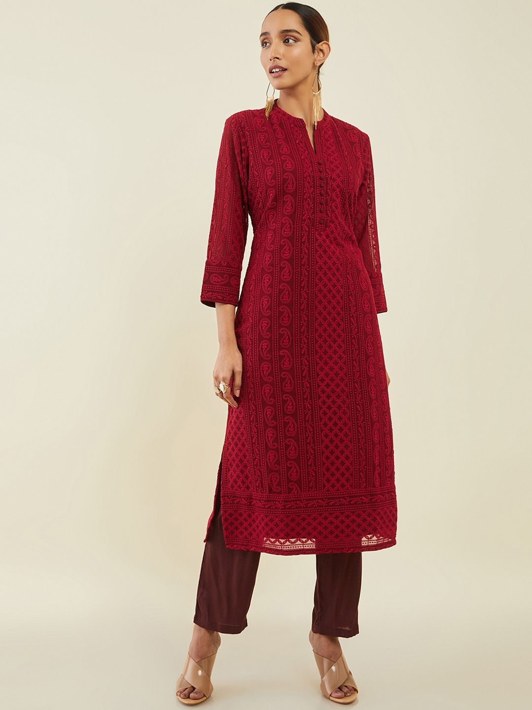 Myntra - Soch Maroon Ethnic Motifs Embroidered Mandarin Collar Georgette Kurta