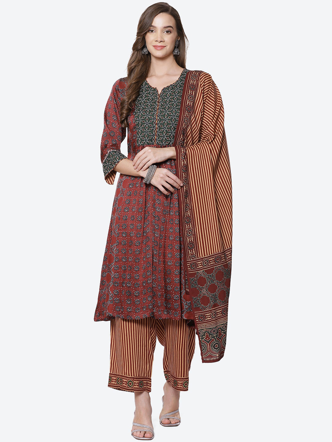 Flipkart - Biba Women Maroon Ethnic Motifs Printed Pleated Kurti with Trousers & With Dupatta Price