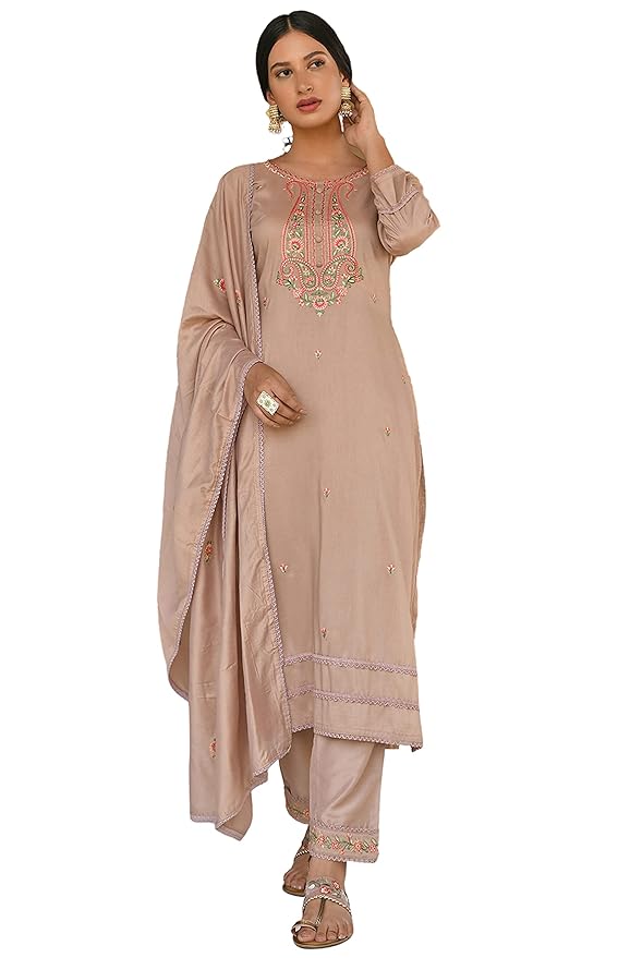 Amazon - Janasya Women’s Rose Gold Poly Silk Floral Embroidery Kurta with Pant and Dupatta Price