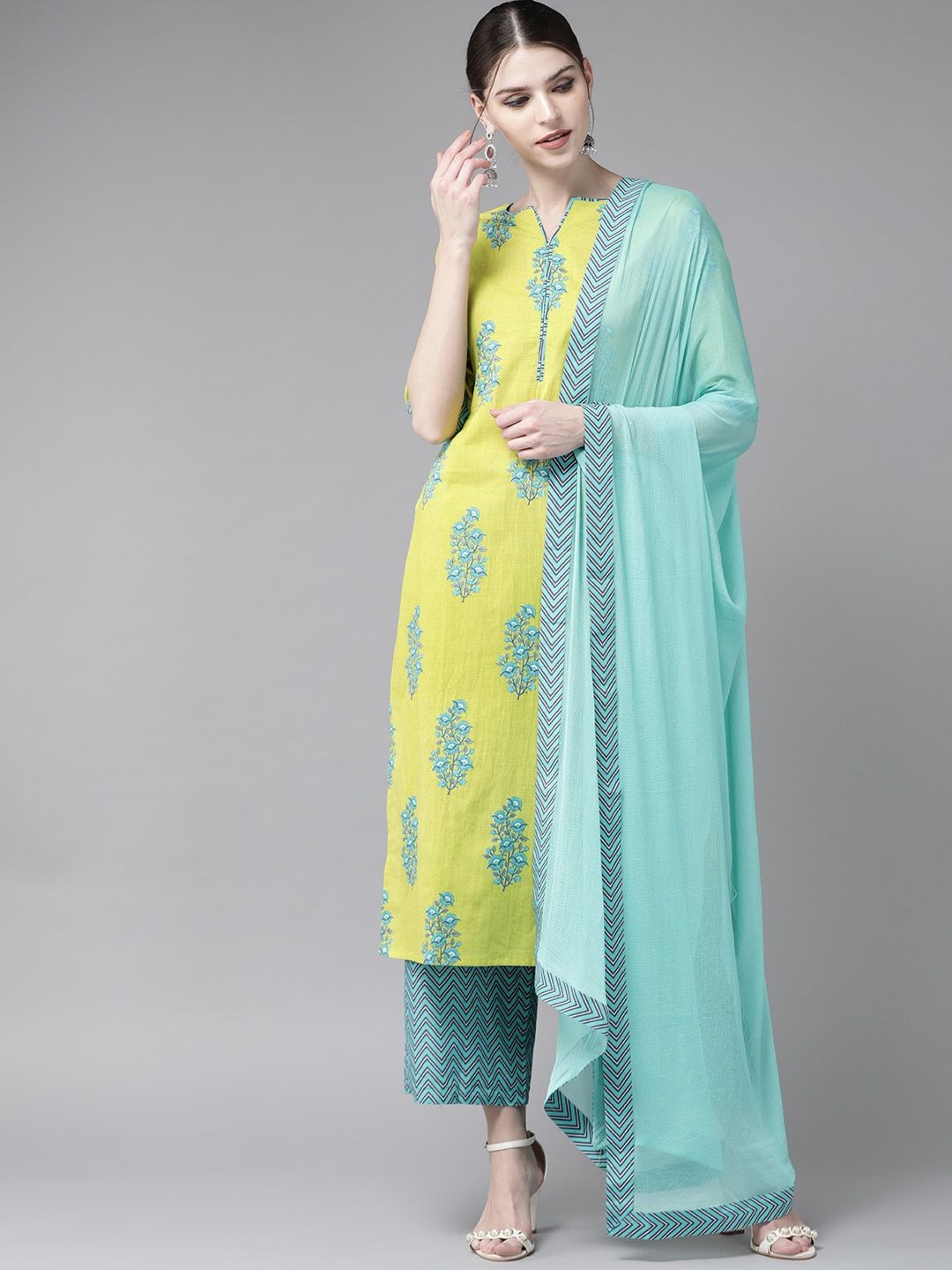 Flipkart - Libas Women Green Floral Printed Pure Cotton Kurta with Trousers & With Dupatta