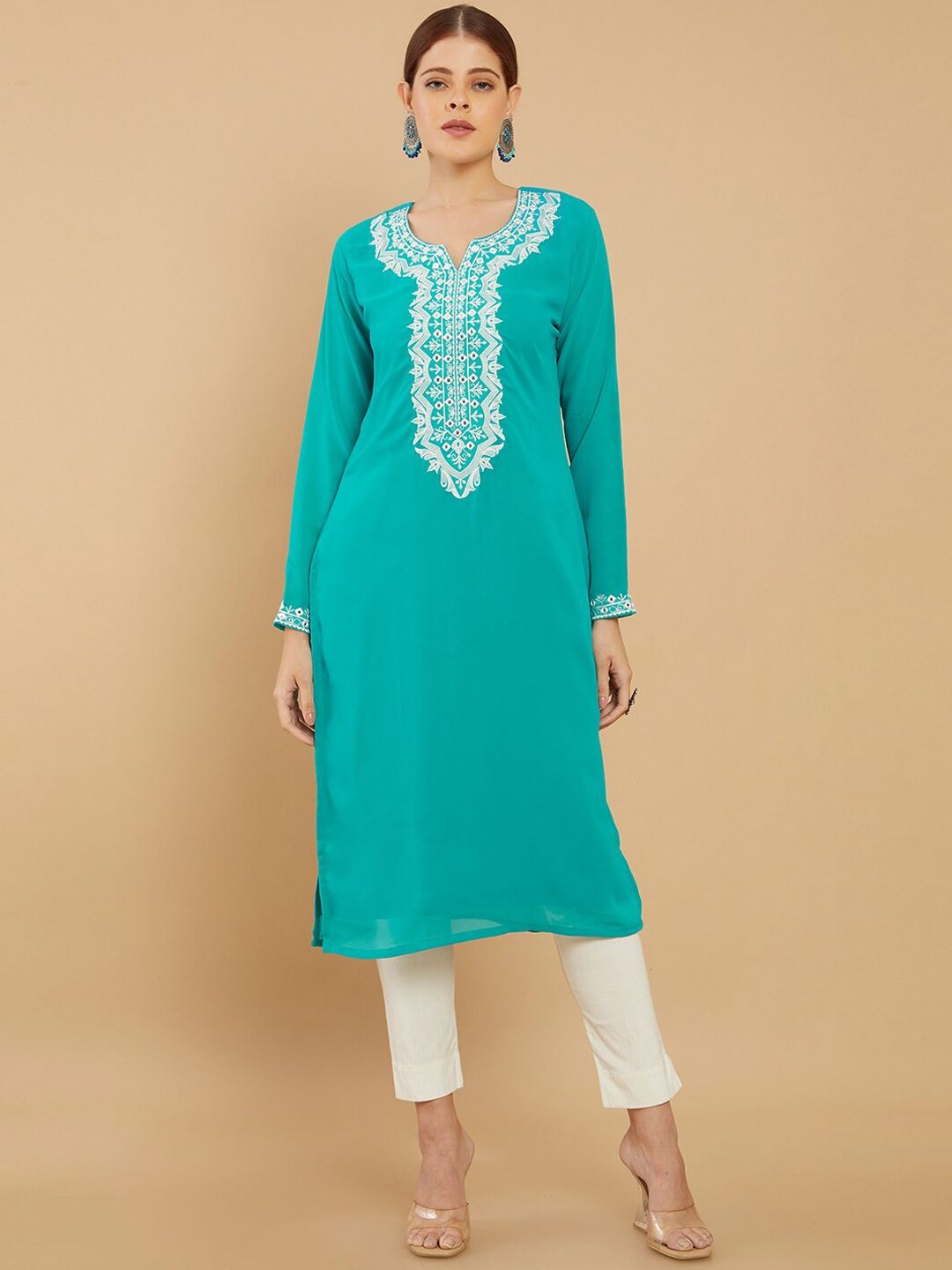 Myntra - Soch Women Turquoise Blue & White Ethnic Motifs Yoke Design Thread Work Georgette Kurta