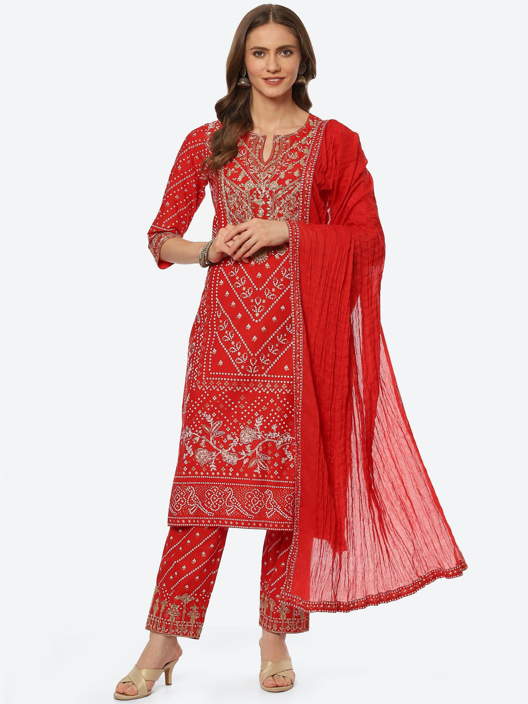 Flipkart - Biba Women Red Bandhani Printed Thread Work Kurta with Trouser & With Dupatta Set Price