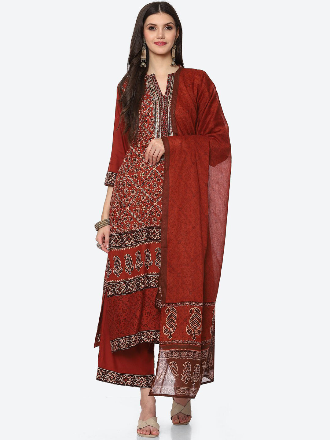 Myntra - Biba Women Rust Floral Printed Kurta with Palazzos & With Dupatta Price