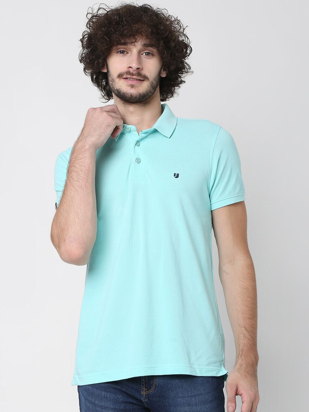 Myntra - UnderJeans by Spykar Men Blue Solid Polo Collar Pure Cotton Lounge Tshirts