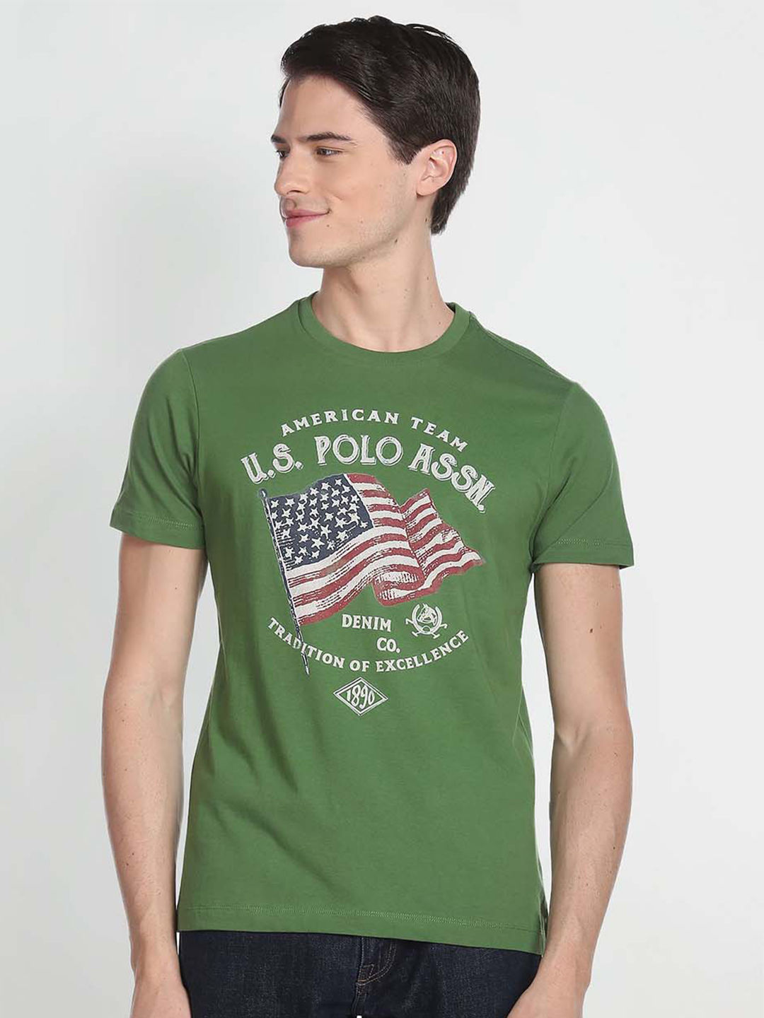 Ajio - U.S. Polo Assn. Denim Co. Men Green & forest green Typography Printed Applique T-shirt Price