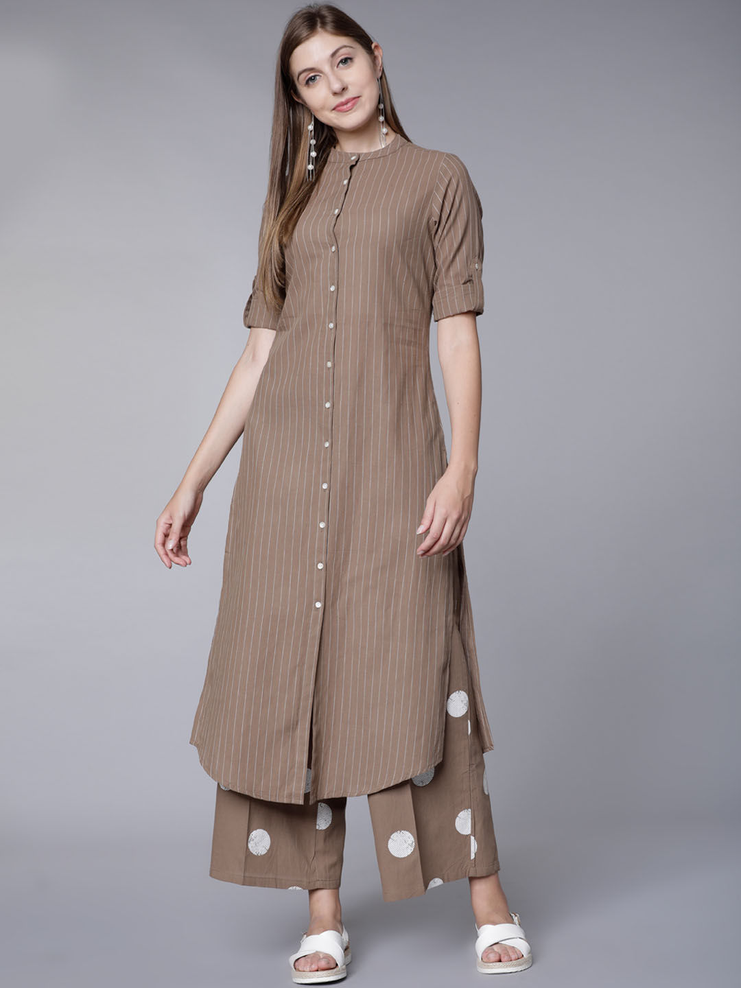 Myntra - Vishudh Women Brown Striped Kurta with Palazzos Price