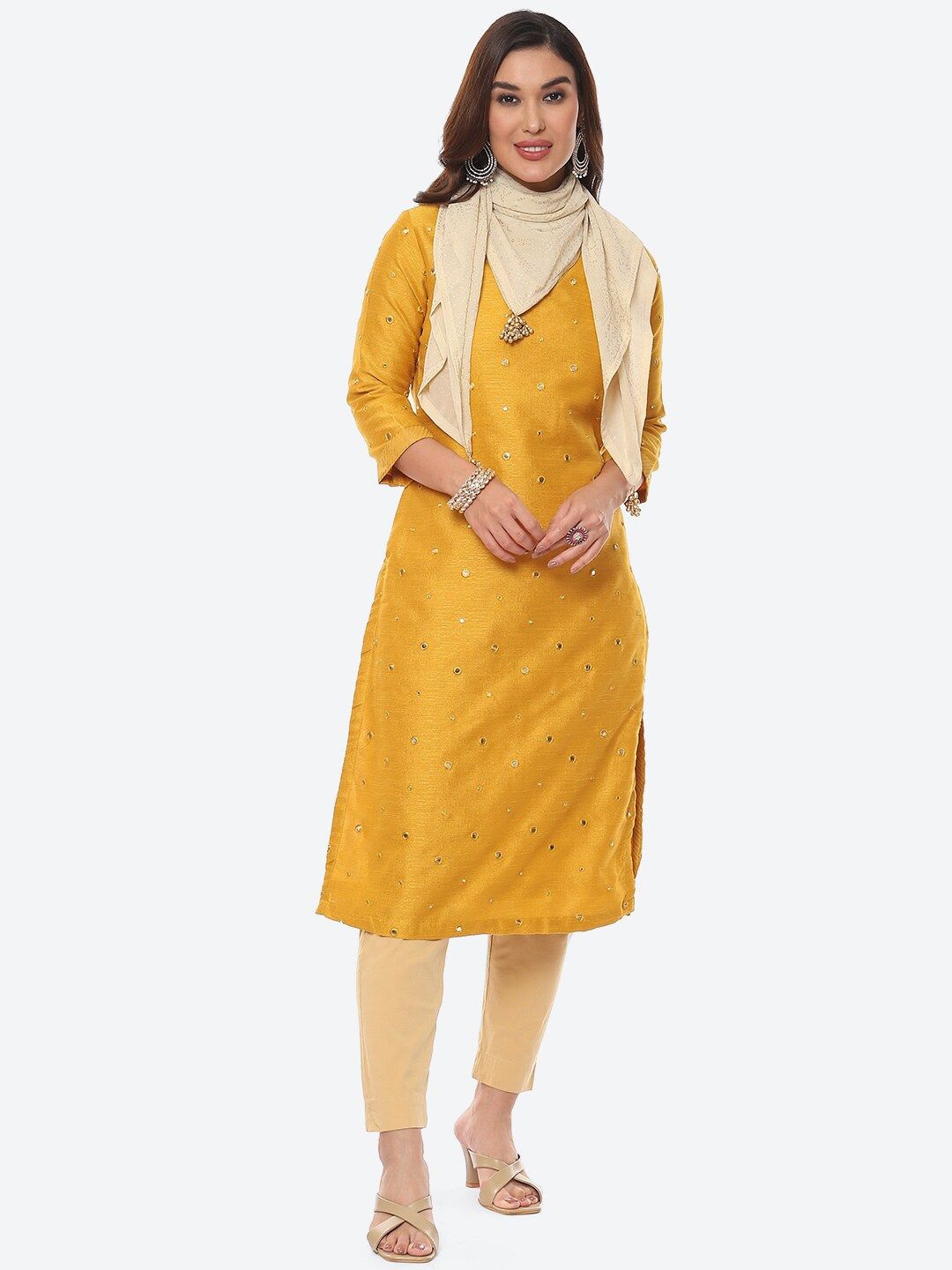 Myntra - Biba Women Yellow Embellished Mirror Work Straight Fit Art Silk Kurta with Dupatta