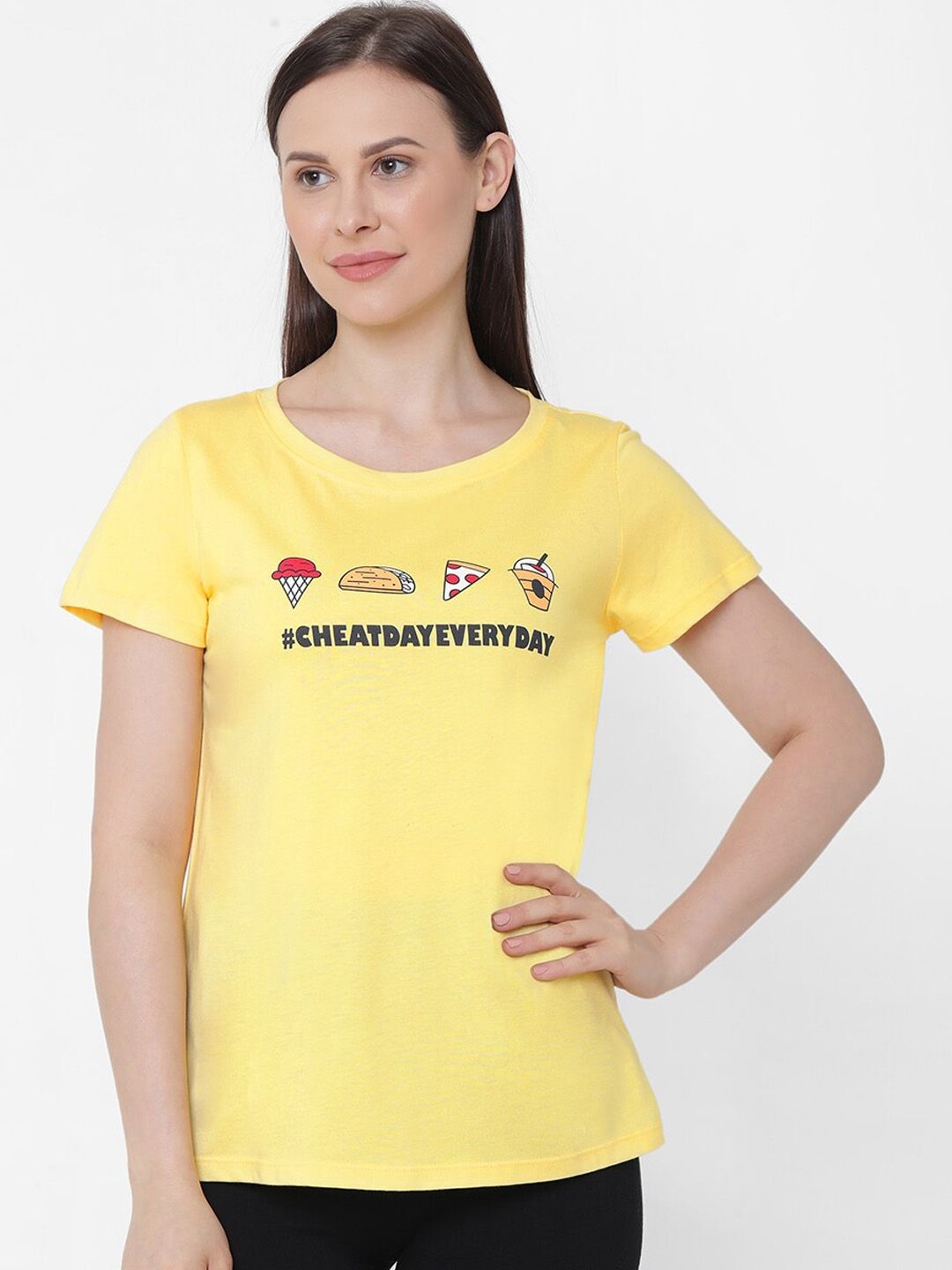 Myntra - Soie Women Yellow & Black Printed Lounge T-Shirt