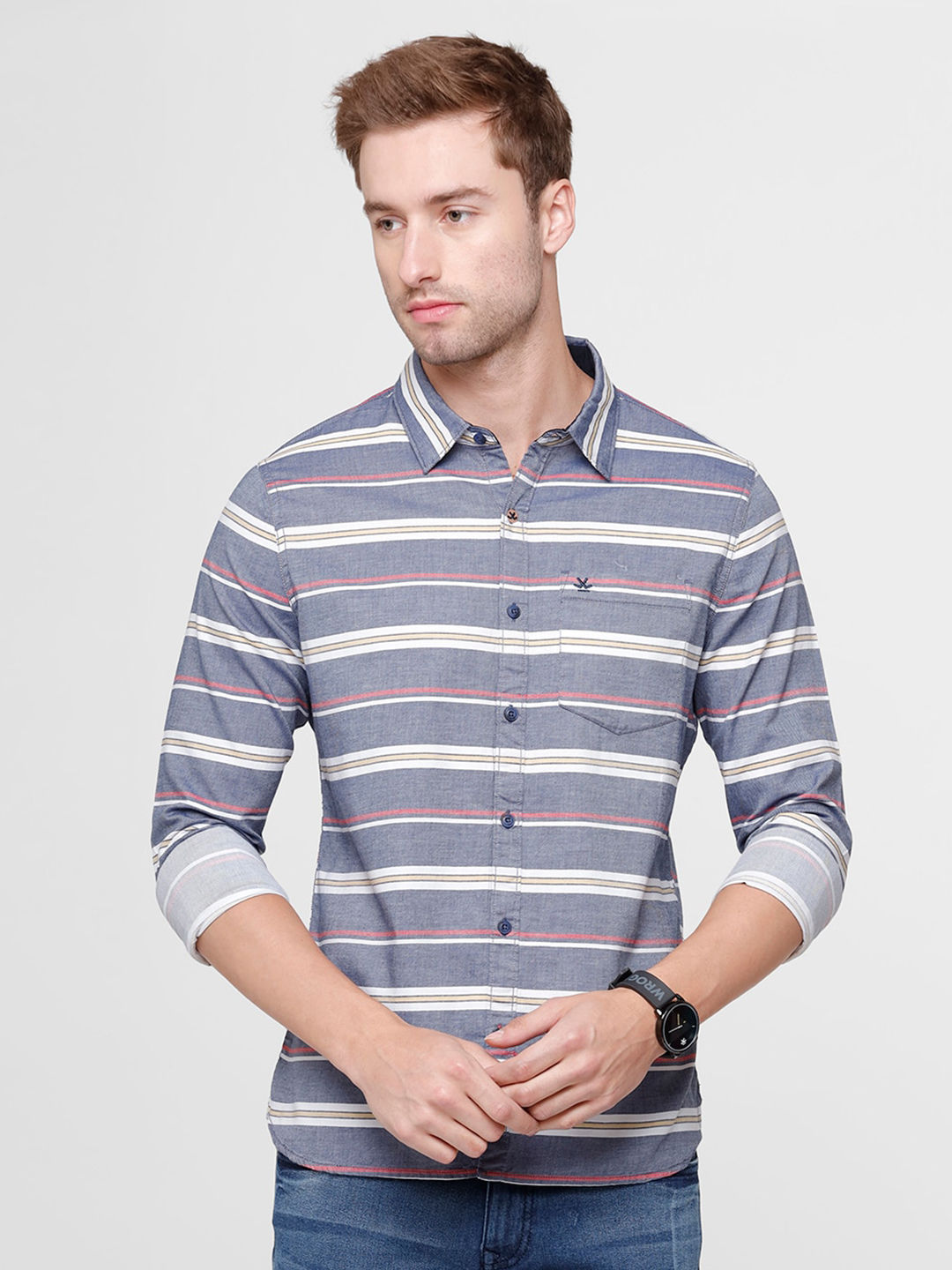 Myntra - WROGN Men Navy Blue Horizontal Stripes Striped Slim Fit Cotton Casual Shirt Price