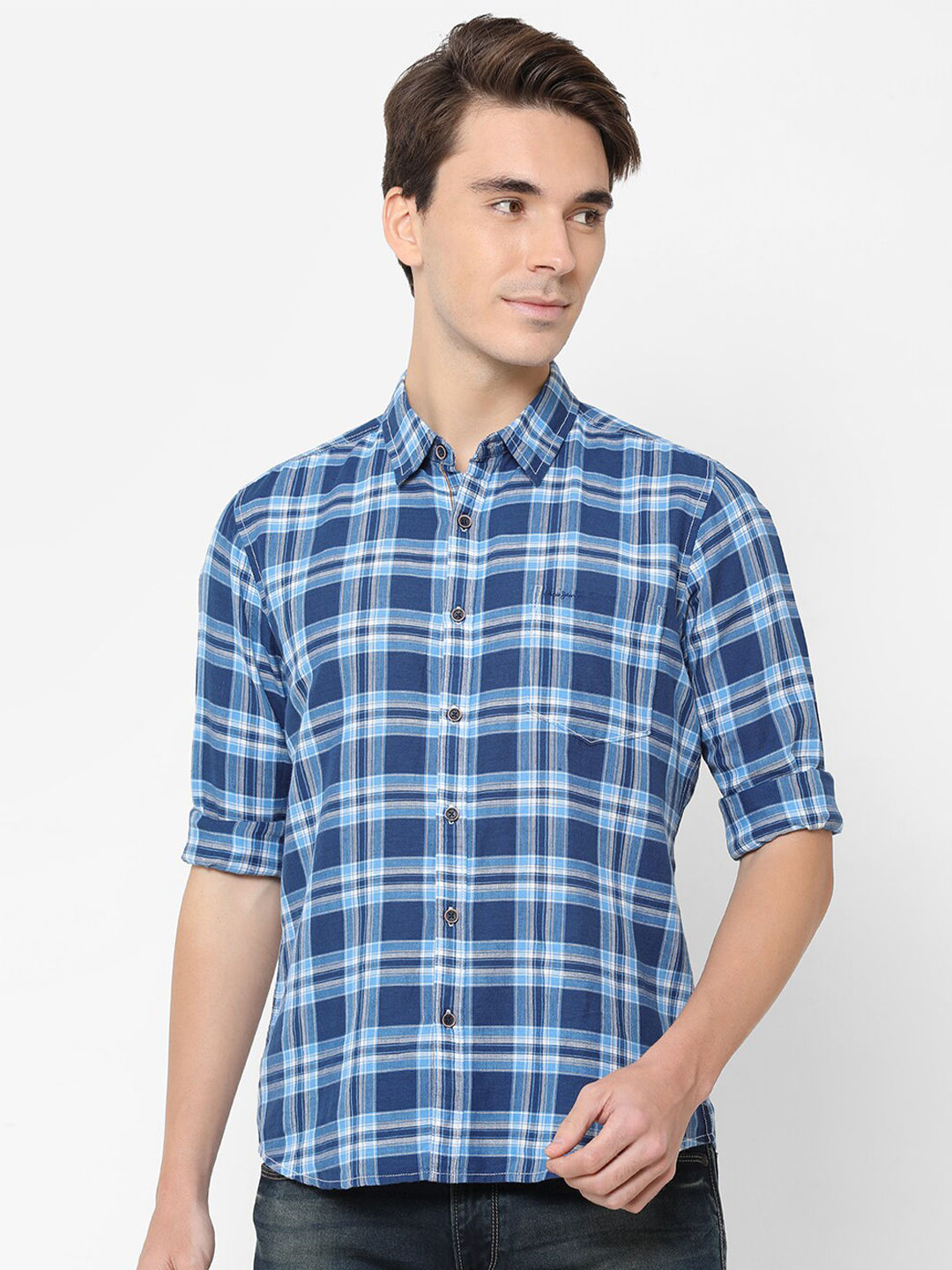 Flipkart - Pepe Men Navy Blue Tartan Checks Casual Shirt Price