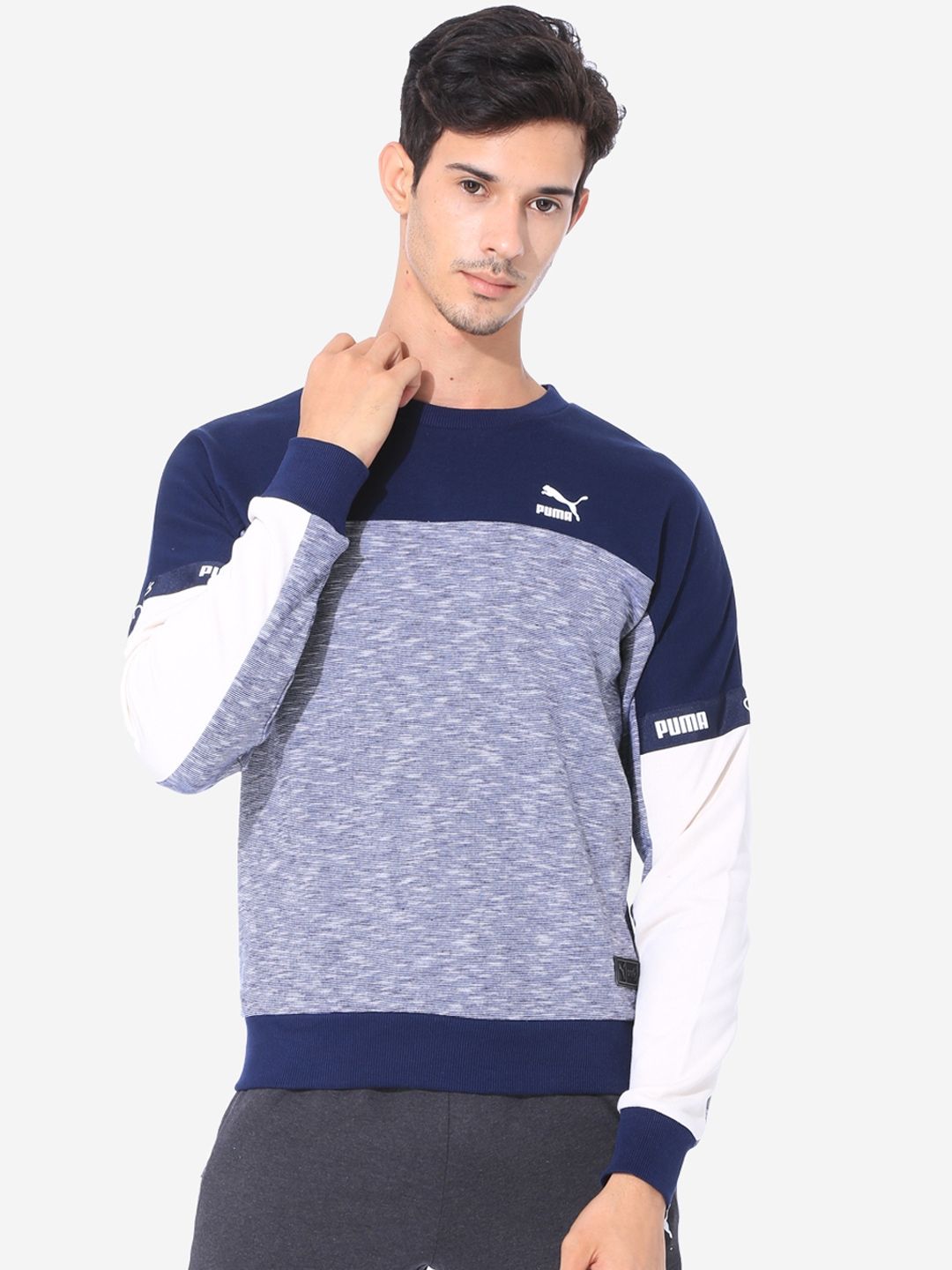 Amazon - Puma Men Blue Colourblocked VK Crew Peacoat Heather Sweatshirt