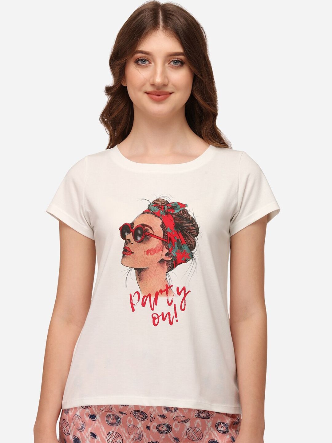 Myntra - Soie Women Off White Printed Lounge Tshirt