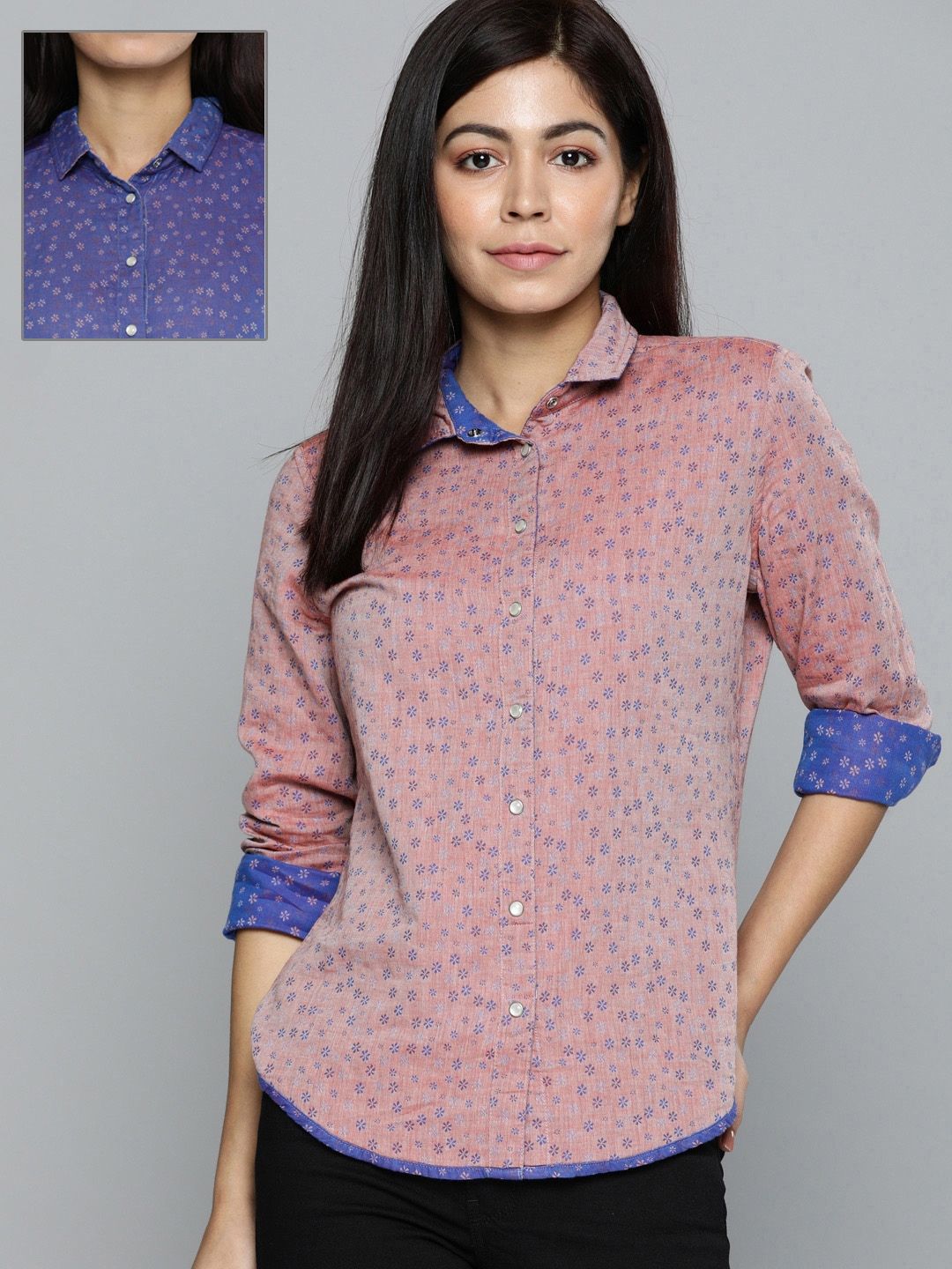 Myntra - Levis Women Blue & Mauve Regular Fit Ditsy Floral Printed Reversible Casual Shirt