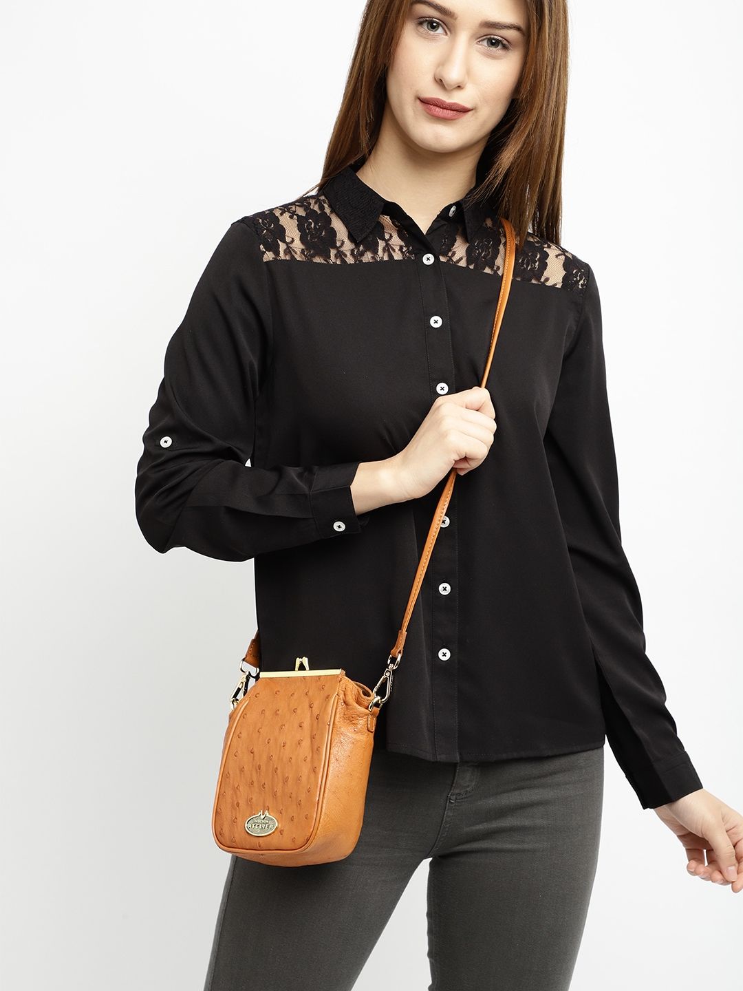 Amazon - Hidesign Tan Brown Textured Leather Sling Bag Price