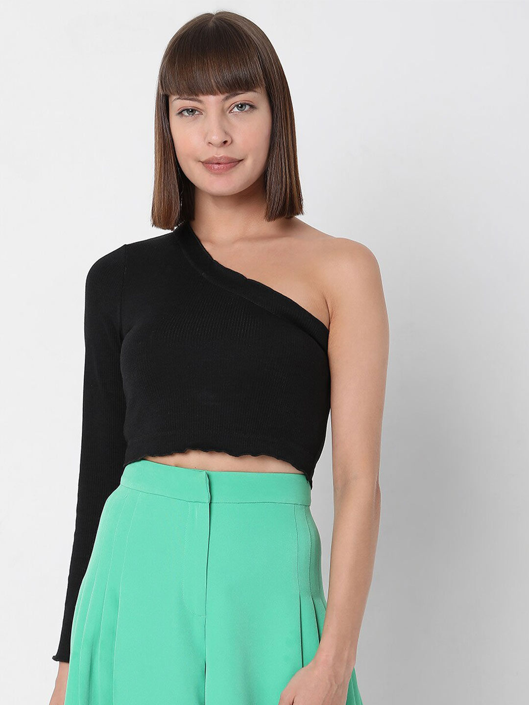 Myntra - Vero Moda Women Black Solid One Shoulder Fitted Crop Top Price