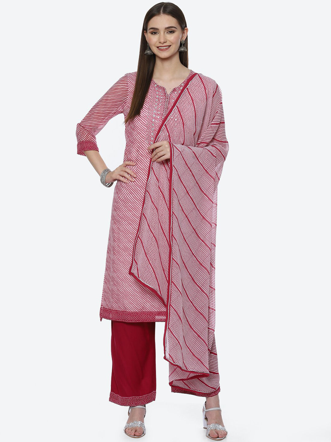 Flipkart - Biba Women Pink Leheriya Striped Sequinned Kurta with Palazzos & With Dupatta Price