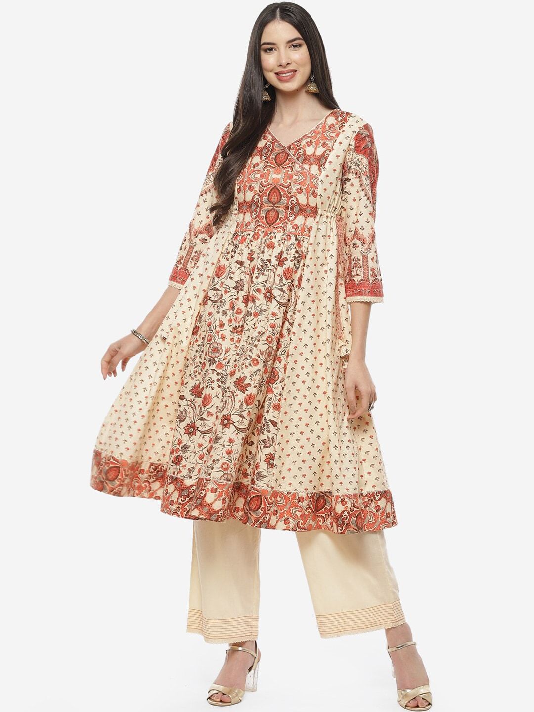 Myntra - Biba Cream-Coloured Ethnic Motifs Printed Pure Cotton Kurta with Trousers Price