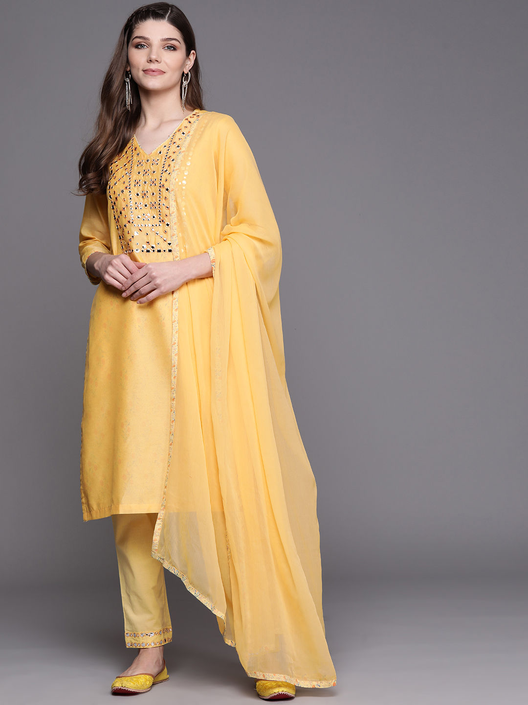 Myntra - Biba Women Yellow & Silver Mirror Work Kurta with Trousers & Dupatta Price