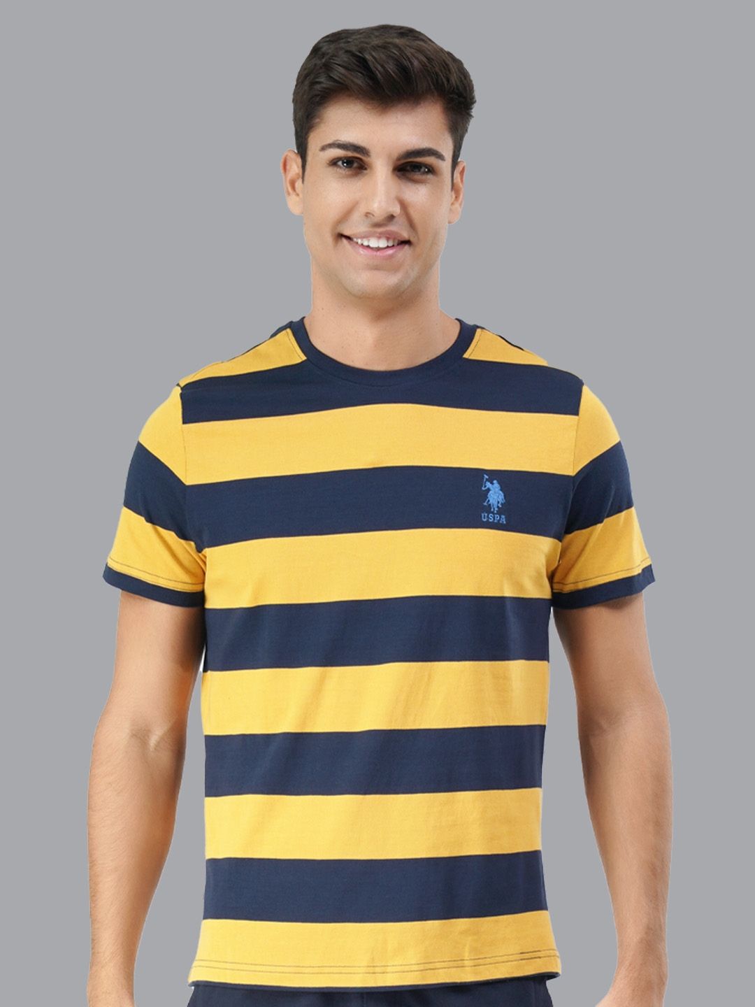 Myntra - U.S. POLO ASSN. MEN NAVY BLUE & ORANGE STRIPED BRAND LOGO EMBROIDERED PURE COTTON T-SHIRT