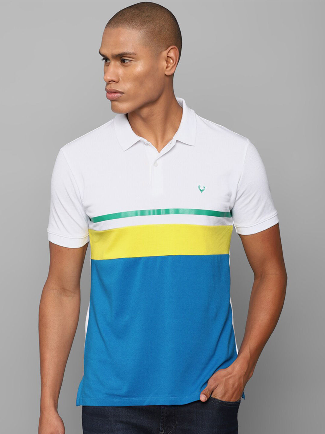 Myntra - Allen Solly Men White & Blue Colourblocked  Polo Collar T-shirt Price