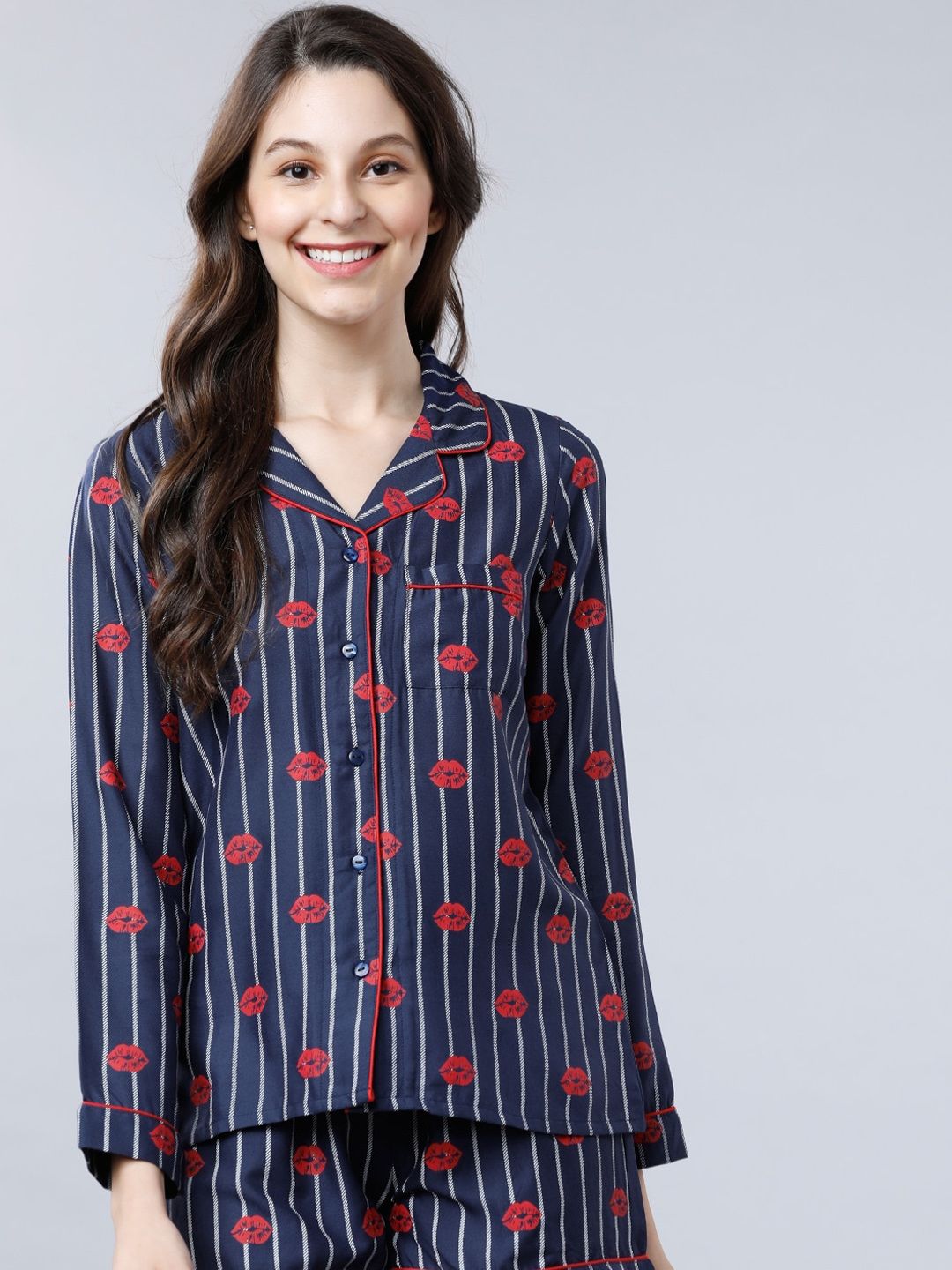 Myntra - Tokyo Talkies Women Navy Blue & Red Floral Printed Sleep Shirt