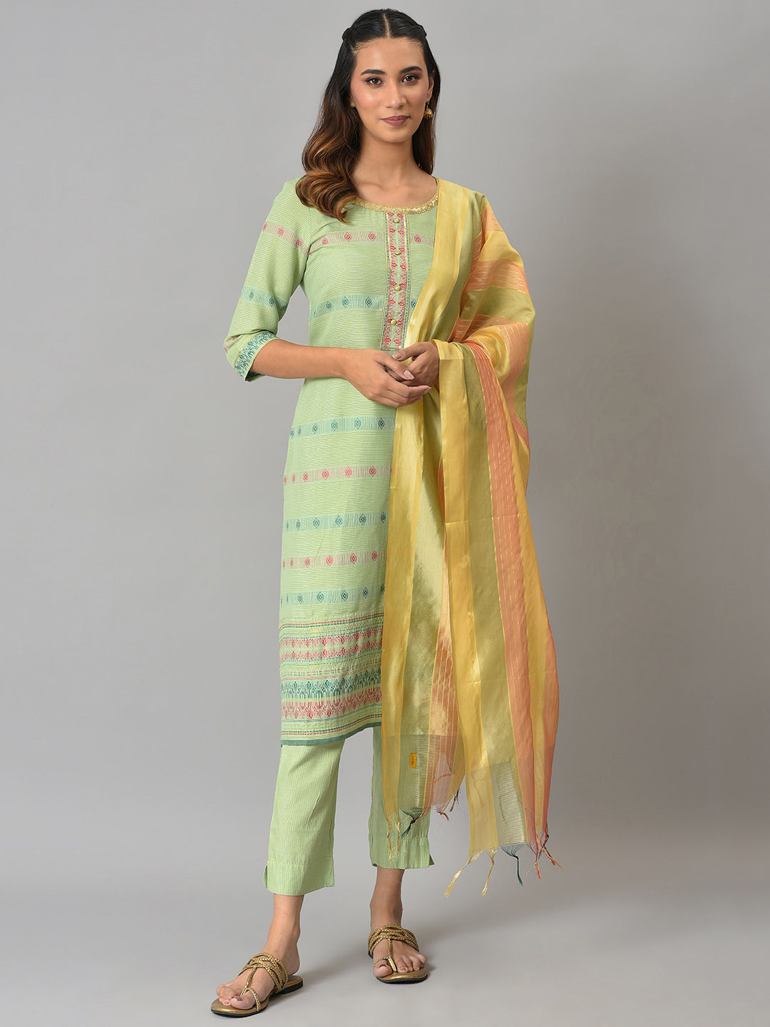 Ajio - AURELIA Ethnic Motifs Printed Kurta With Trousers & Dupatta Price