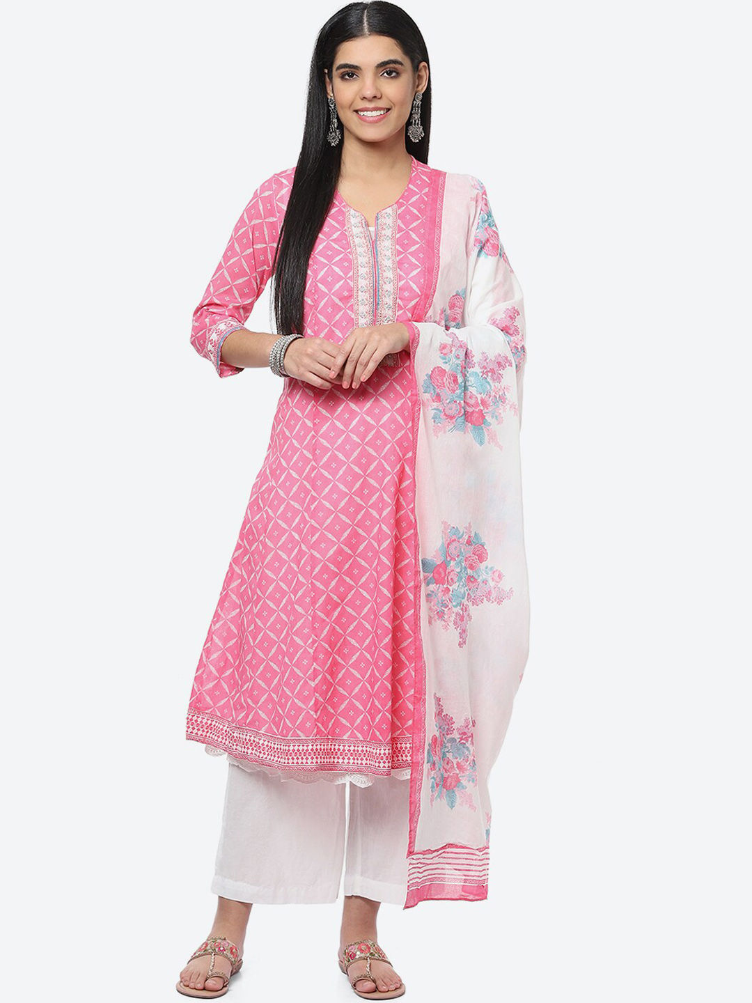 Amazon - Biba Women Pink Floral Printed Kurta with Palazzos & With Dupatta Price