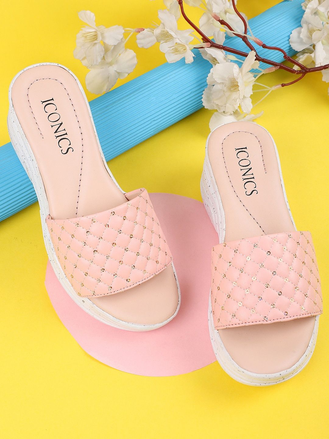 Myntra - ICONICS Pink Embellished Flatform Sandals Price
